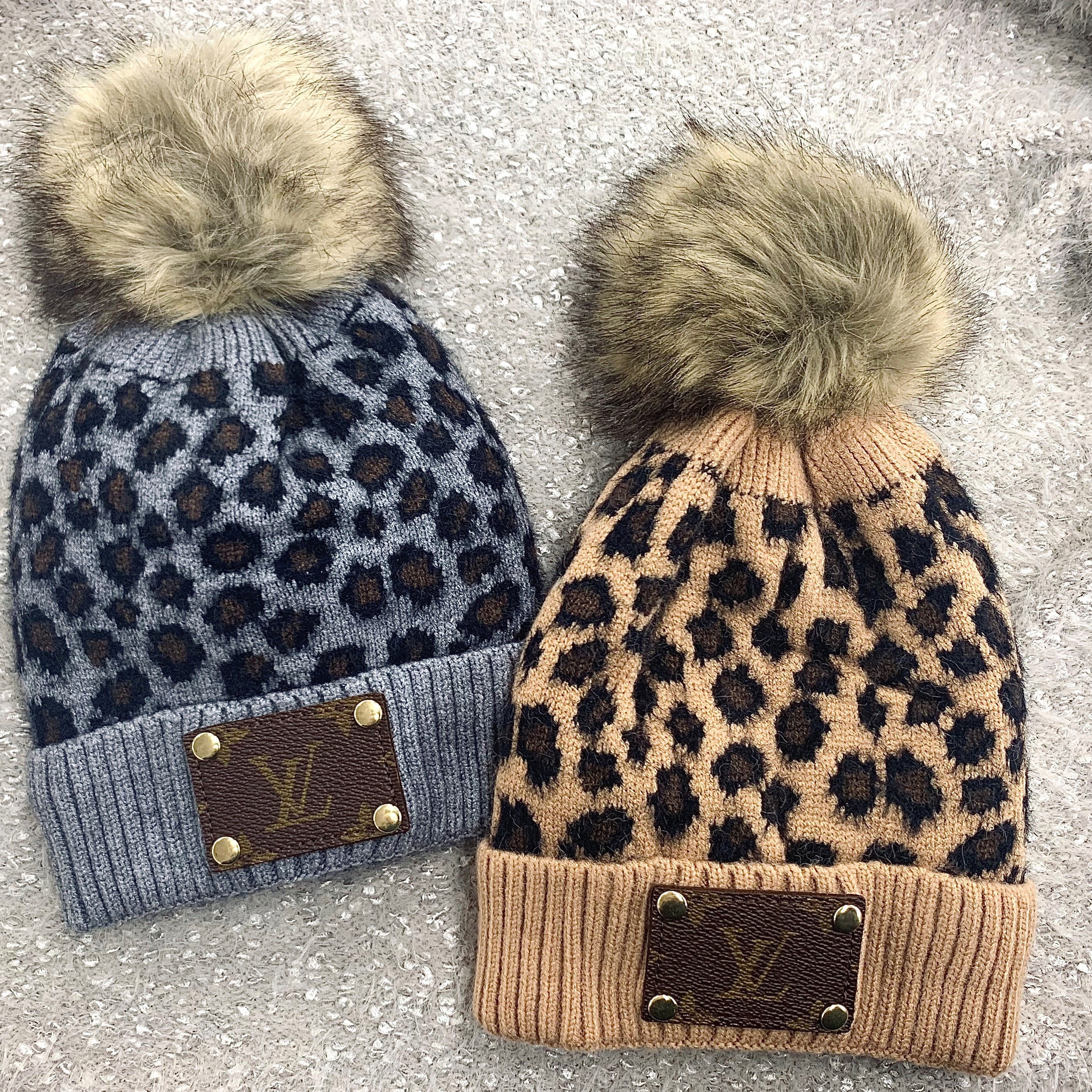 Upcycled LV Leopard Print Beanie with Pom Pom